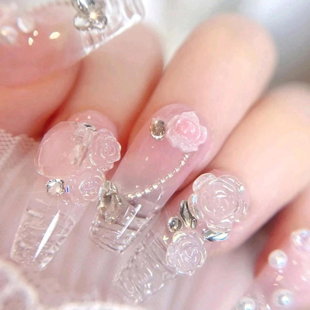 10Pcs Long Coffin 3D Floral Butterfly Pearl French Press-On Nails with Kit sh